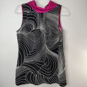 Karen Kane 100% Silk Sleeveless‎ Top Black White Print w/ Pink Trim Womens M
